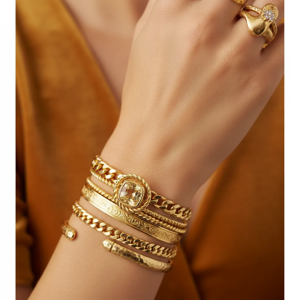 A woman's hand showcasing a variety of gold jewellery with different purities (18k, 21k, and 22k).