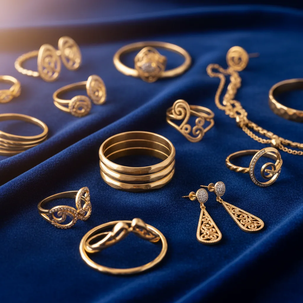 Exquisite collection of Mazimo gold jewellery showcasing rings, bracelets, and earrings on a luxurious velvet surface.