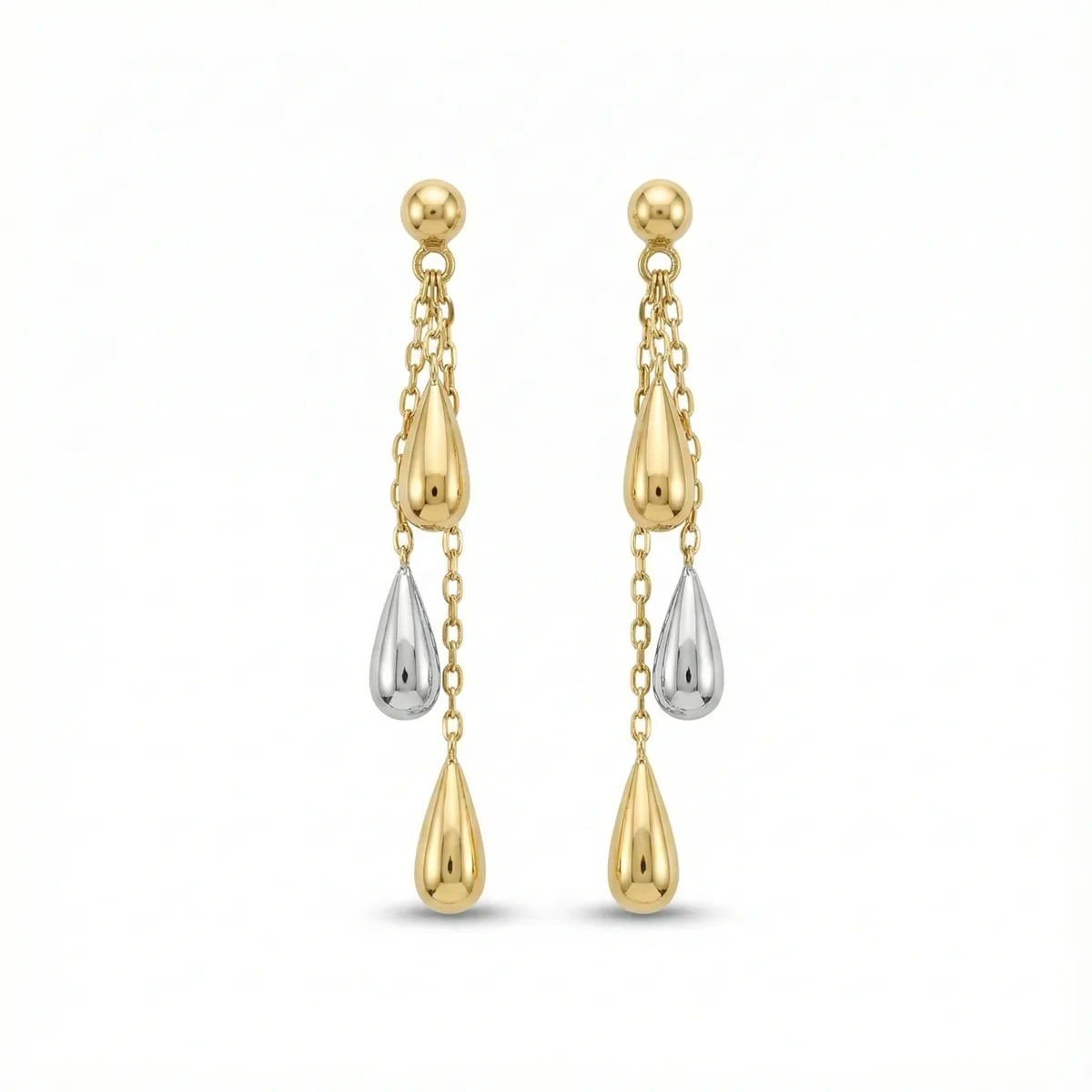 18K gold Spanish collection two-tone teardrop cascade drop earrings with delicate chain design, 1.54 grams
