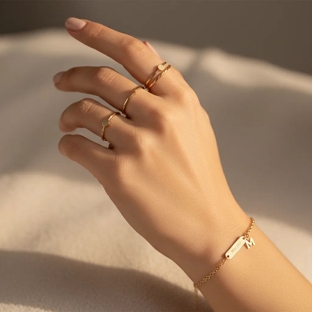 Woman's hand showcasing minimalist gold rings and a delicate gold bracelet from Mazimo UAE.