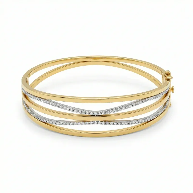 18K gold Mazimo collection diamond wave bangle with pavé-set diamonds and polished gold curves, 10.80 grams
