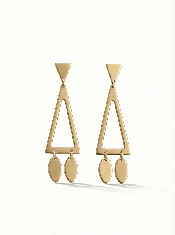 18K gold Spanish collection geometric triangle drop earrings with dangling oval elements, 1.90 grams
