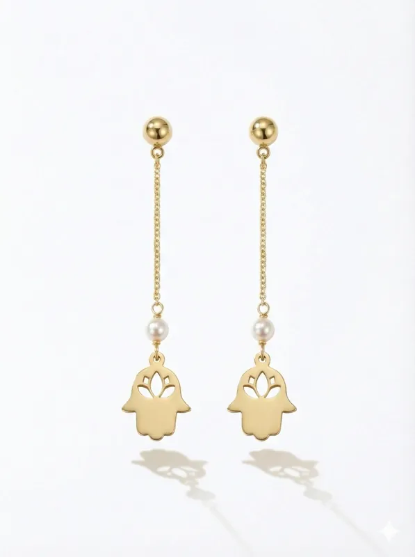 18K gold Spanish collection Hamsa drop earrings with pearl detail and delicate chain, 1.38 grams