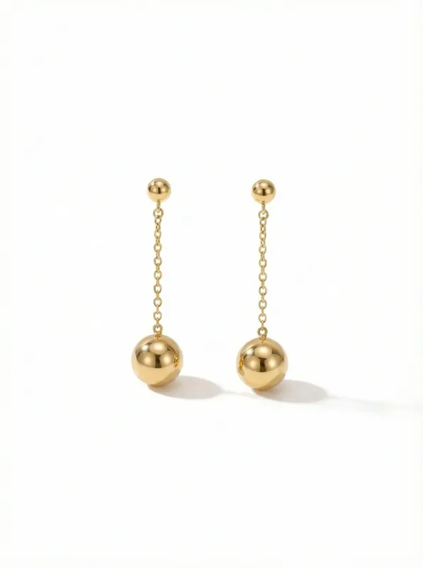 18K gold Spanish collection sphere drop earrings with delicate chain and polished gold ball, 0.72 grams