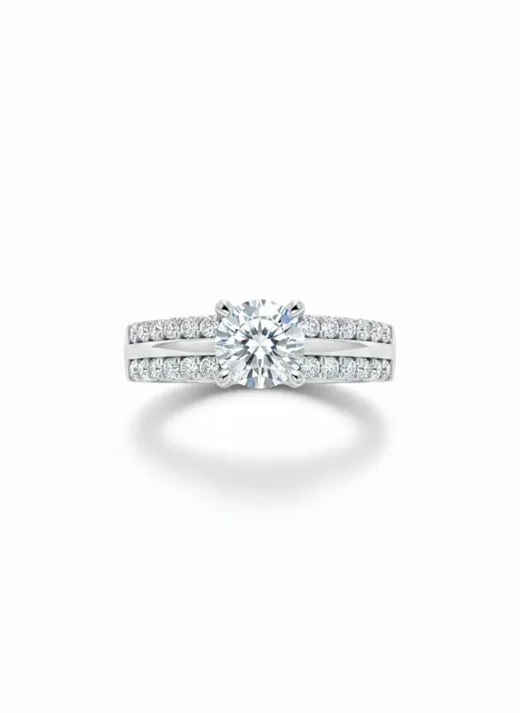 18K white gold solitaire ring with zircon (American diamond) center stone and double pavé band, 3.85 grams