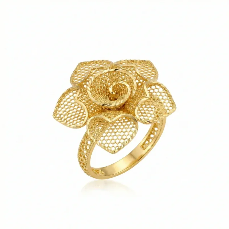 21K gold flower design ring with textured details on a model hand and white background