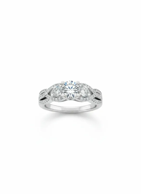 18K white gold solitaire ring with zircon (American diamond) stones and twisted pavé band, 3.75 grams