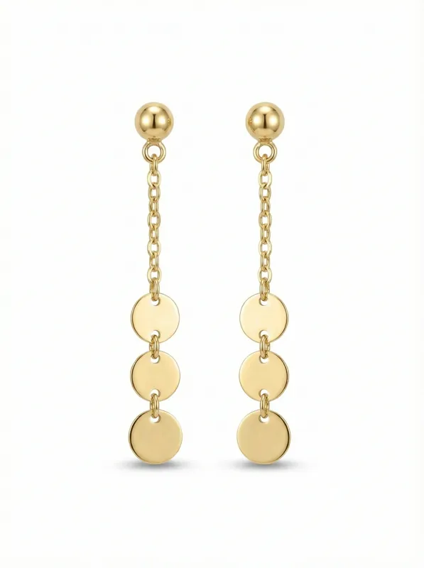 18K gold Spanish collection triple disc drop earrings with delicate chain design, 0.86 grams